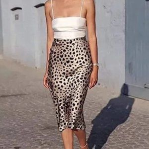 Leopard Print Skirt Midi Long Length Satin High Size Small